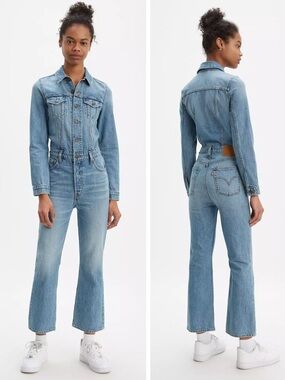 Levi's Kickflare Denim Jean Blue Classic Jumpsuit Coveralls Player Large